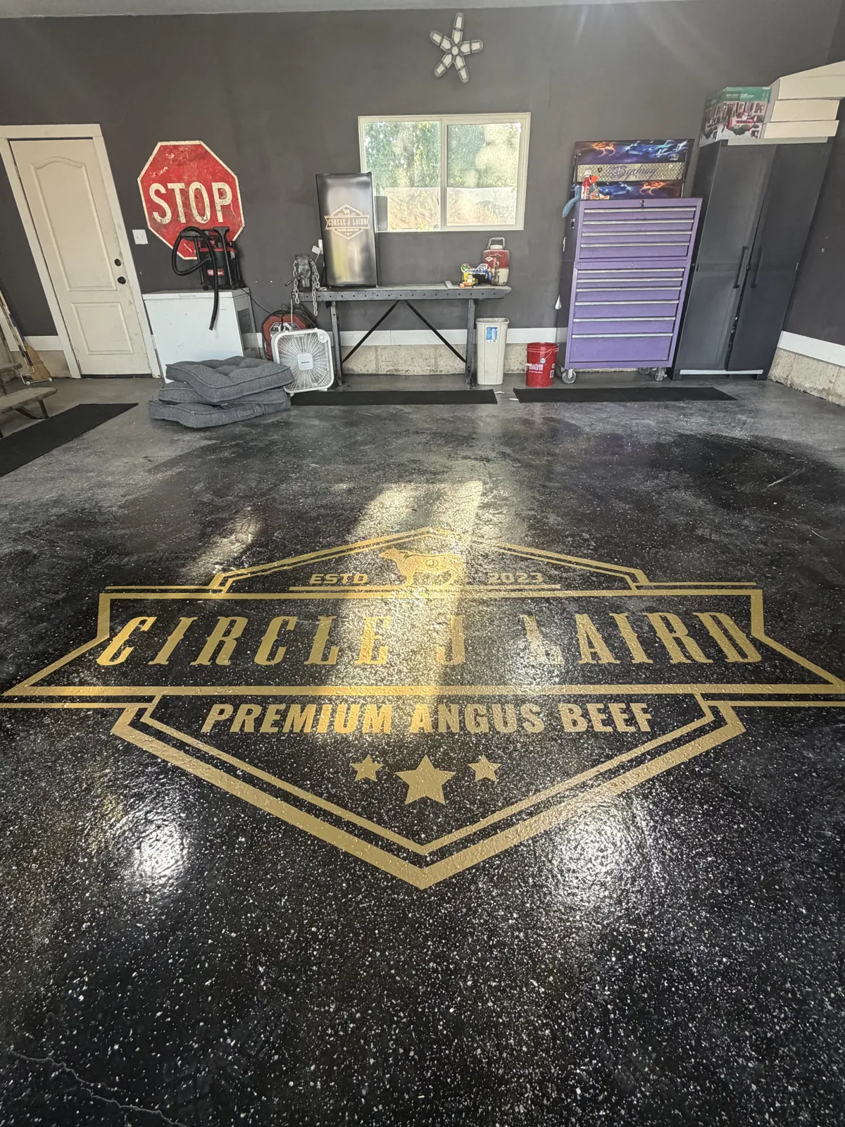 Circle J Laird — Logo to Floor, UTV, Trailer & Door — Shop floor