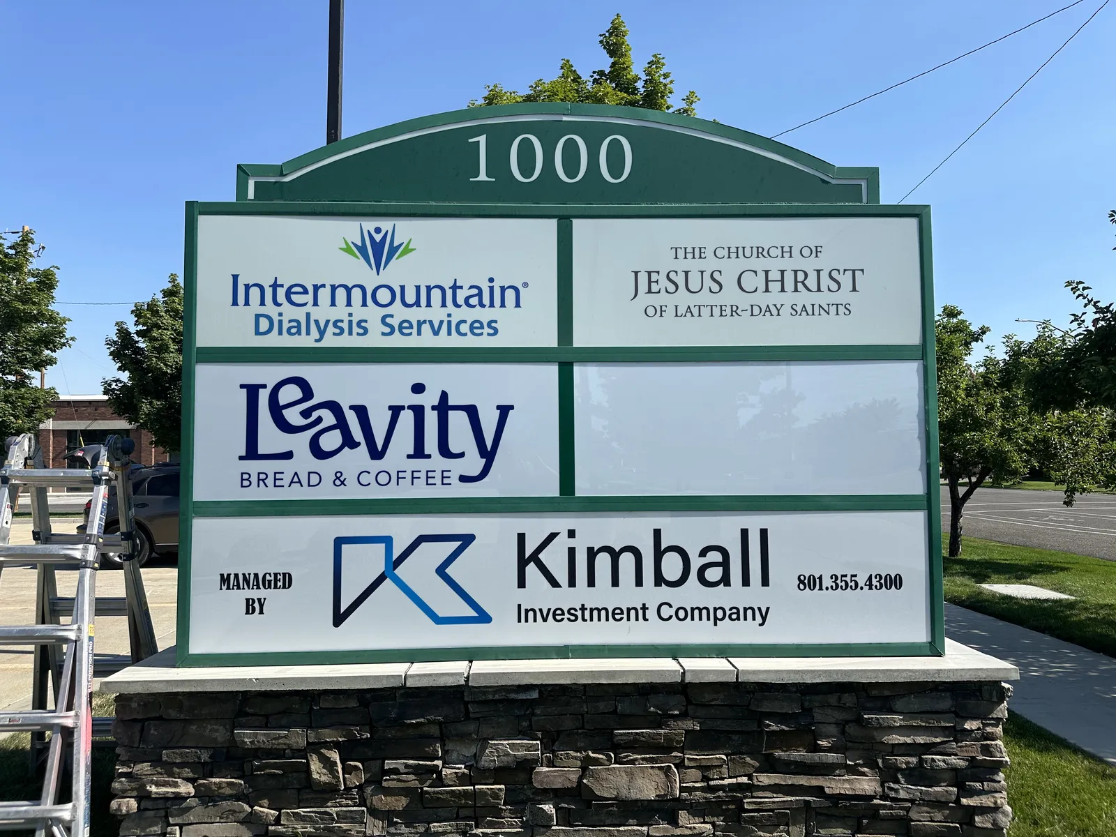 Intermountain Dialysis — Multi-Tenant Monument Sign — Cabinet Monument with Tenant Panels on Stacked-Stone Base